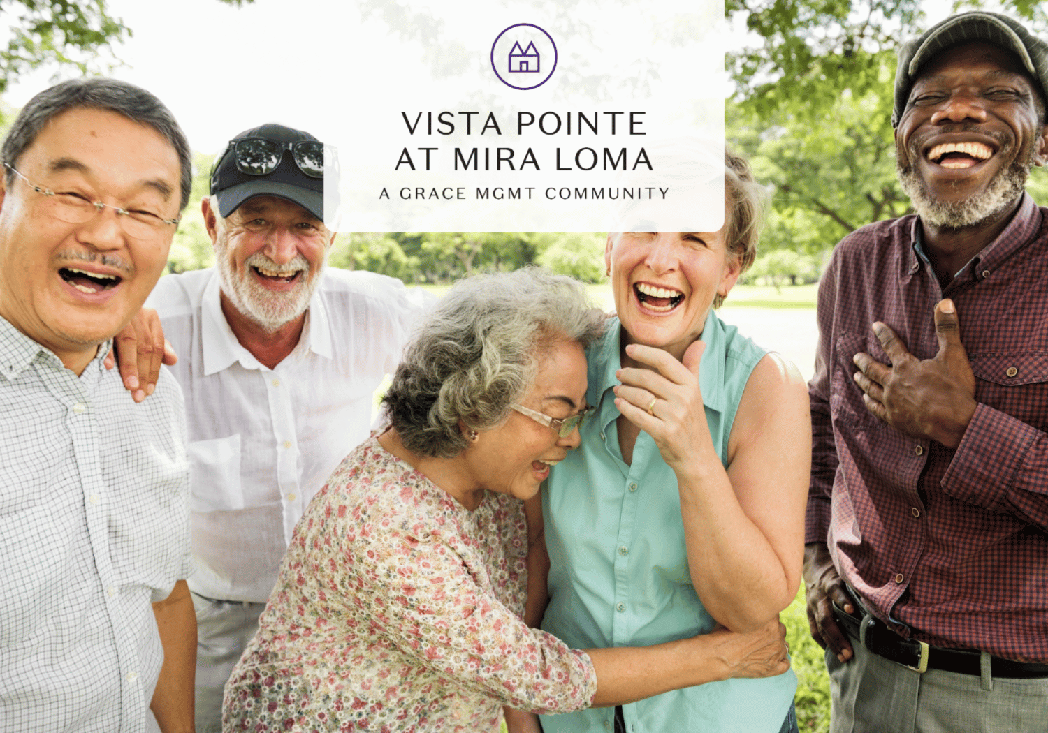 Group of diverse adults laughing together outdoors, with a translucent overlay showing 'Vista Pointe at Mira Loma' logo in the center.