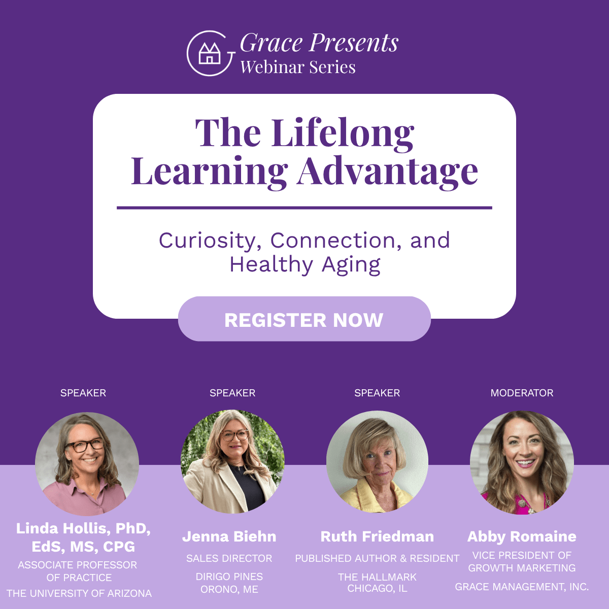 Promotional banner for Grace Presents Webinar Series: The Lifelong Learning Advantage with a Register Now button and four speaker headshots with titles.